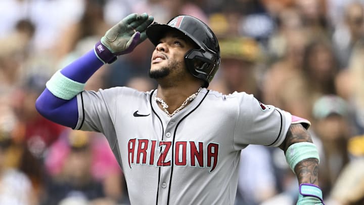Sep 28, 2025; San Diego, California, USA; Arizona Diamondbacks second baseman Ketel Marte (4) looks skyward after hitting a solo home run during the first inning against the San Diego Padres at Petco Park. 