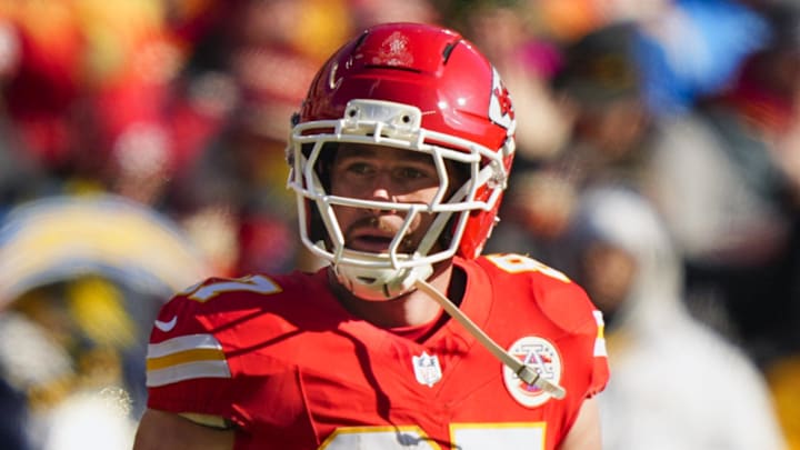 Dec 14, 2025; Kansas City, Missouri, USA; Kansas City Chiefs tight end Travis Kelce (87) reacts after catching a pass against the Los Angeles Chargers during the first quarter at GEHA Field at Arrowhead Stadium. Mandatory Credit: Jay Biggerstaff-Imagn Images | Jay Biggerstaff-Imagn Images