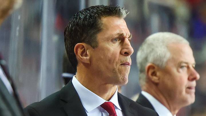Oct 24, 2024; Calgary, Alberta, CAN; Carolina Hurricanes head coach Rod Brind'Amour on his bench against the Calgary Flames during the third period at Scotiabank Saddledome. Oct 24, 2024; Calgary, Alberta, CAN; Carolina Hurricanes head coach Rod Brind'Amour on his bench against the Calgary Flames during the third period at Scotiabank Saddledome.