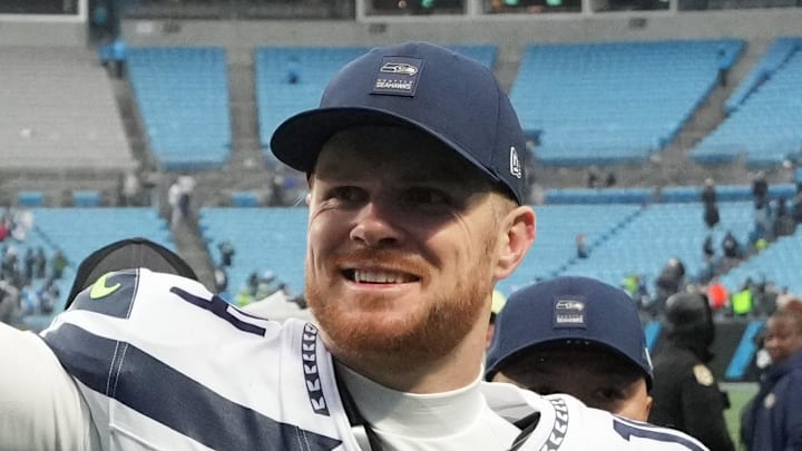 Seattle Seahawks quarterback Sam Darnold reacts Seattle Seahawks quarterback Sam Darnold reacts