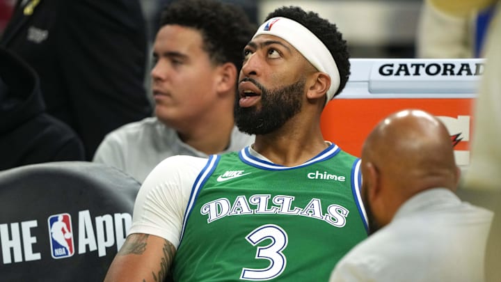 Dec 25, 2025; San Francisco, California, USA; Dallas Mavericks forward Anthony Davis (3) sits on the bench after suffering an injury during the second quarter against the Golden State Warriors at Chase Center. Mandatory Credit: Darren Yamashita-Imagn Images