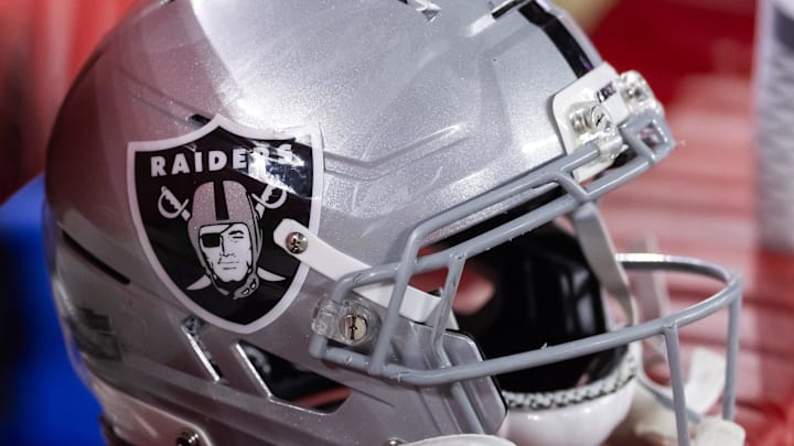 Aug 23, 2025; Glendale, Arizona, USA; Detailed view of a Las Vegas Raiders helmet during a preseason NFL game at State Farm Stadium. Mandatory Credit: Mark J. Rebilas-Imagn Images Aug 23, 2025; Glendale, Arizona, USA; Detailed view of a Las Vegas Raiders helmet during a preseason NFL game at State Farm Stadium. Mandatory Credit: Mark J. Rebilas-Imagn Images