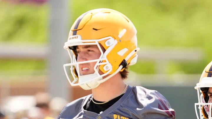 Arizona State quarterbacks Cutter Boley (8), Mikey Keene (12), and Cameron Dyer (13) during practice on April 21, 2026, at Kajikawa practice fields in Tempe.