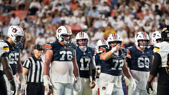 Auburn Tigers offensive line huddles up as Auburn Tigers take on Southern Miss Golden Eagles at Jordan-Hare Stadium in Auburn, Ala. on Saturday, Sept. 12, 2026. Auburn Tigers defeated Southern Miss Golden Eagles 43-8. Auburn Tigers offensive line huddles up as Auburn Tigers take on Southern Miss Golden Eagles at Jordan-Hare Stadium in Auburn, Ala. on Saturday, Sept. 12, 2026. Auburn Tigers defeated Southern Miss Golden Eagles 43-8.