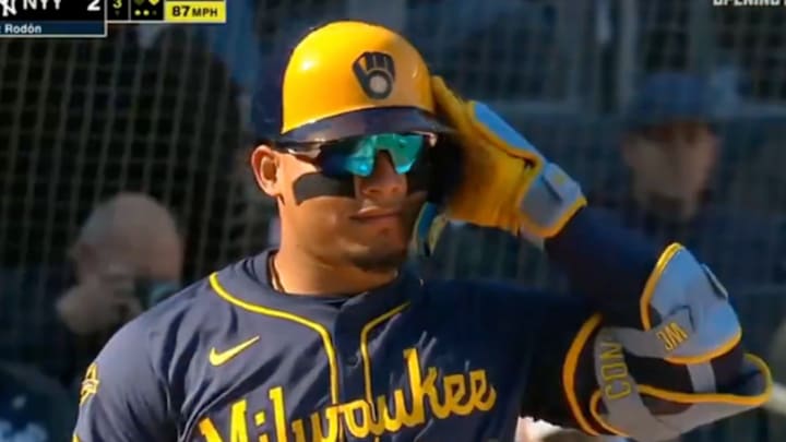 William Contreras trying to challenge a strike call.