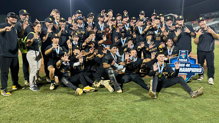 American Heritage Plantation celebrates after winning Class 4A state baseball title against Mulberry