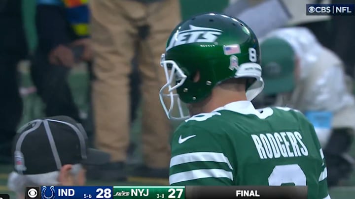 Aaron Rodgers was sacked on the final play of the Jets' loss on Sunday.