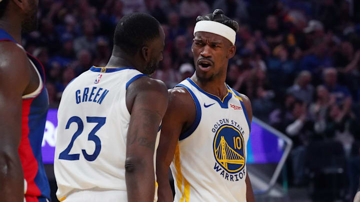 Mar 8, 2025; San Francisco, California, USA; Golden State Warriors forward Jimmy Butler III (10) celebrates with forward Draymond Green (23) in the second quarter at Chase Center. Mandatory Credit: David Gonzales-Imagn Images Mar 8, 2025; San Francisco, California, USA; Golden State Warriors forward Jimmy Butler III (10) celebrates with forward Draymond Green (23) in the second quarter at Chase Center. Mandatory Credit: David Gonzales-Imagn Images