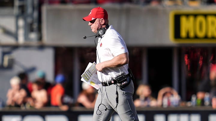 Louisville Cardinals football head coach Jeff Brohm in the late fourth quarter of their 51-17 win over visiting Eastern Kentucky University on August 30, 2025 at L&N Credit Union Stadium. Louisville Cardinals football head coach Jeff Brohm in the late fourth quarter of their 51-17 win over visiting Eastern Kentucky University on August 30, 2025 at L&N Credit Union Stadium.