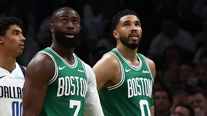 Mar 6, 2026; Boston, Massachusetts, USA; Boston Celtics guard Jaylen Brown (7) and forward Jayson Tatum (0) watch the Jumbotron during the second quarter against the Dallas Mavericks at TD Garden. Mandatory Credit: Winslow Townson-Imagn Images