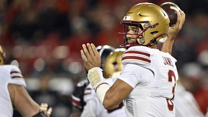 Oct 25, 2025; Louisville, Kentucky, USA; Boston College Eagles quarterback Grayson James (3) looks to pass against the Louisville Cardinals during the second half at L&N Federal Credit Union Stadium. Mandatory Credit: Jamie Rhodes-Imagn Images Oct 25, 2025; Louisville, Kentucky, USA; Boston College Eagles quarterback Grayson James (3) looks to pass against the Louisville Cardinals during the second half at L&N Federal Credit Union Stadium. Mandatory Credit: Jamie Rhodes-Imagn Images