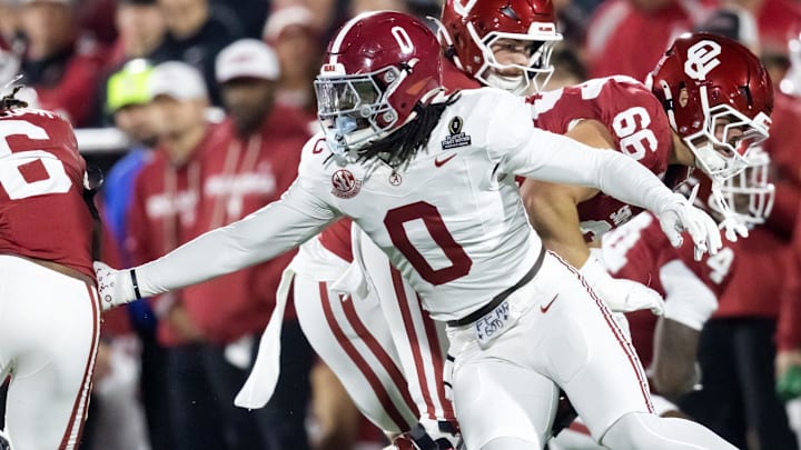 Dec 19, 2025; Norman, OK, USA; Alabama Crimson Tide linebacker Deontae Lawson (0) against the Oklahoma Sooners during the CFP National Playoff First Round at Gaylord Family Oklahoma Memorial Stadium. Mandatory Credit: Mark J. Rebilas-Imagn Images