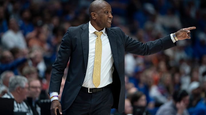 Missouri head coach Dennis Gates works the sideline against Florida during the first half of their quarterfinal game of the SEC Men's Basketball Tournament at Bridgestone Arena in Nashville, Tenn., Friday, March 14, 2025.