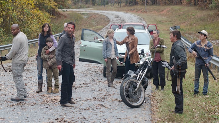 (L-R) T-Dog (Robert 'IronE' Singleton), Lori Grimes (Sarah Wayne Callies), Carl Grimes (Chandler Riggs), Hershel Greene (Scott Wilson), Rick Grimes (Andrew Lincoln), Beth (Emily Kinney), Maggie Greene (Lauren Cohan), Carol (Melissa Suzanne McBride), Daryl Dixon (Norman Reedus) and Glenn (Steven Yeun) - The Walking Dead  season 2