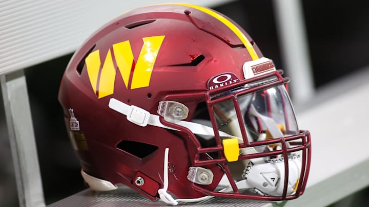 Oct 15, 2023; Atlanta, Georgia, USA; A Washington Commanders helmet on the bench against the Atlanta Falcons in the second half at Mercedes-Benz Stadium. Mandatory Credit: Brett Davis-Imagn Images