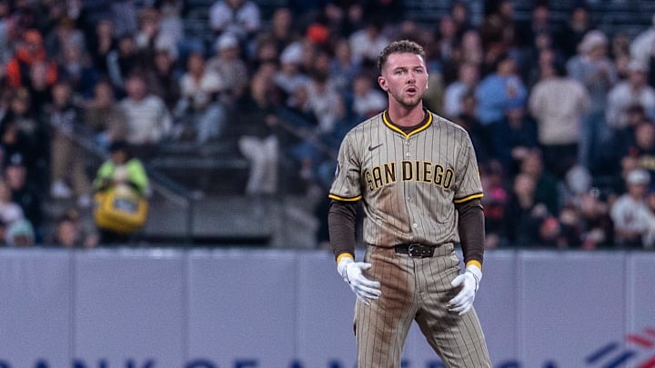 Padres center fielder Jackson Merrill (3) celebrates on second base after hitting a RBI double against the San Francisco Giants during the sixth inning at Oracle Park on Aug. 11.