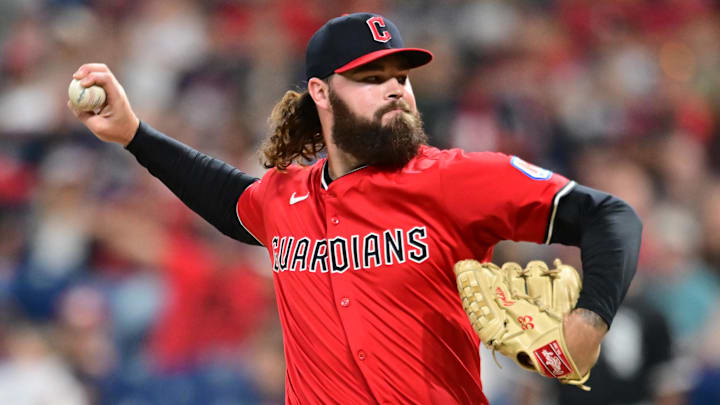Sep 13, 2025; Cleveland, Ohio, USA; Cleveland Guardians relief pitcher Hunter Gaddis (33) throws a pitch against the Chicago White Sox during the eighth inning at Progressive Field. Mandatory Credit: Ken Blaze-Imagn Images