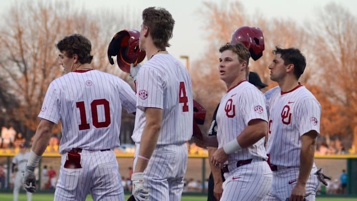 Oklahoma's Brendan Brock, Alec Blair, Jaxon Willits and Trey Gambill celebrate at home plate after a home run against Gonzaga.