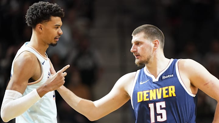 Jan 4, 2025; San Antonio, Texas, USA; San Antonio Spurs center Victor Wembanyama (1) greets Denver Nuggets center Nikola Jokic (15) before a game at Frost Bank Center.