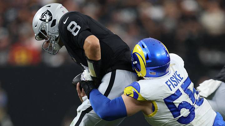 Oct 25, 2026; Paradise, Nevada, USA; Los Angeles Rams linebacker Elias Neal (58) sacks Las Vegas Raiders quarterback Kirk Cousins (8) at Allegiant Stadium. Mandatory Credit: David Brytus-Imagn Images Oct 25, 2026; Paradise, Nevada, USA; Los Angeles Rams linebacker Elias Neal (58) sacks Las Vegas Raiders quarterback Kirk Cousins (8) at Allegiant Stadium. Mandatory Credit: David Brytus-Imagn Images