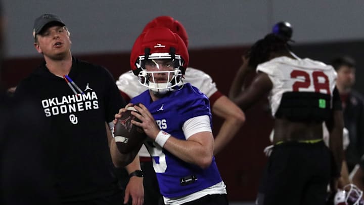 Oklahoma quarterback Bowe Bentley drops back to pass during a spring practice.