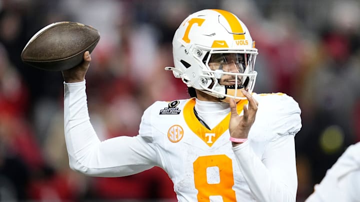 Tennessee Volunteers quarterback Nico Iamaleava (8) throws during the second half of the College Football Playoff first round game against the Ohio State Buckeyes at Ohio Stadium in Columbus on Dec. 22, 2024. Ohio State won 42-17.