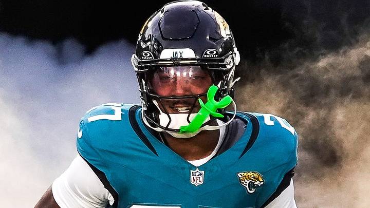 Jacksonville Jaguars safety Caleb Ransaw (27) runs out of the tunnel while being introduced before the game against the Carolina Panthers at EverBank Stadium in the second preseason game on Friday night, August 21, 2026 in Jacksonville, Fla. 