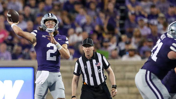 Aug 31, 2024; Manhattan, Kansas, USA; Kansas State Wildcats quarterback Avery Johnson (2) passes the ball during the third quarter against the Tennessee-Martin Skyhawks at Bill Snyder Family Football Stadium. Mandatory Credit: Scott Sewell-Imagn Images Aug 31, 2024; Manhattan, Kansas, USA; Kansas State Wildcats quarterback Avery Johnson (2) passes the ball during the third quarter against the Tennessee-Martin Skyhawks at Bill Snyder Family Football Stadium. Mandatory Credit: Scott Sewell-Imagn Images