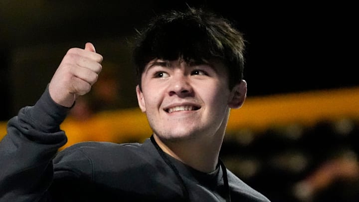 Iowa wrestling commit Bo Bassett gives a thumbs up to the crowd during the ÒFloWrestling Night in AmericaÓ event Wednesday, Feb. 26, 2025 at Xtream Arena in Coralville, Iowa. Iowa wrestling commit Bo Bassett gives a thumbs up to the crowd during the ÒFloWrestling Night in AmericaÓ event Wednesday, Feb. 26, 2025 at Xtream Arena in Coralville, Iowa.