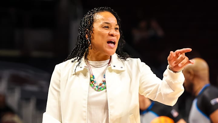 Nov 19, 2025; Columbia, South Carolina, USA; South Carolina Gamecocks head coach Dawn Staley reacts to a play against the Winthrop Eagles in the second half at Colonial Life Arena. Mandatory Credit: Jeff Blake-Imagn Images