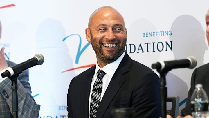 MLB Hall of Famer Derek Jeter is flanked by former Buffalo Bills quarterback Jim Kelly and Dick Vitale at last year's 19th Annual Dick Vitale Gala.