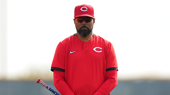 Cincinnati Reds special assistant Barry Larkin observes individual defensive drills during spring training workouts, Friday, Feb. 23, 2024, at the team   s spring training facility in Goodyear, Ariz.