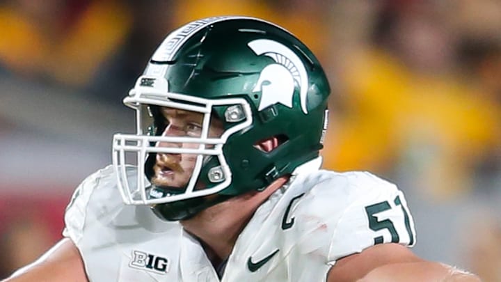Michigan State center Matt Gulbin gets ready to throw a block during the Spartans' game against the USC Trojans on Sept. 20, 2025.