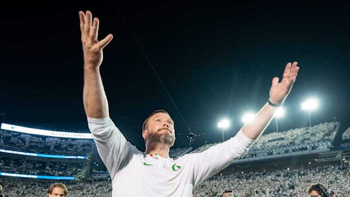 Oregon head coach Dan Lanning celebrates the Ducks’ win as the Oregon Ducks face the Penn State Nittany Lions on Sept. 27, 2025, at Beaver Stadium in University Park, Pennsylvania.