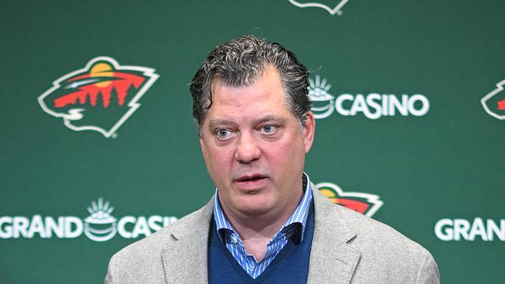 Dec 13, 2025; Saint Paul, Minnesota, USA;  Minnesota Wild general manger Bill Guerin addresses the media about acquiring defensemen Quinn Hughes via trade from the Vancouver Canucks before a game against the Ottawa Senators at Grand Casino Arena. Mandatory Credit: Nick Wosika-Imagn Images