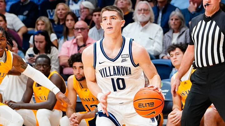 Nov 7, 2022; Villanova, Pennsylvania, USA;  Villanova Wildcats guard Angelo Brizzi (10) dribbles the ball toward the basket against the La Salle Explorers during the first half at William B. Finneran Pavilion. Mandatory Credit: Gregory Fisher-Imagn Images