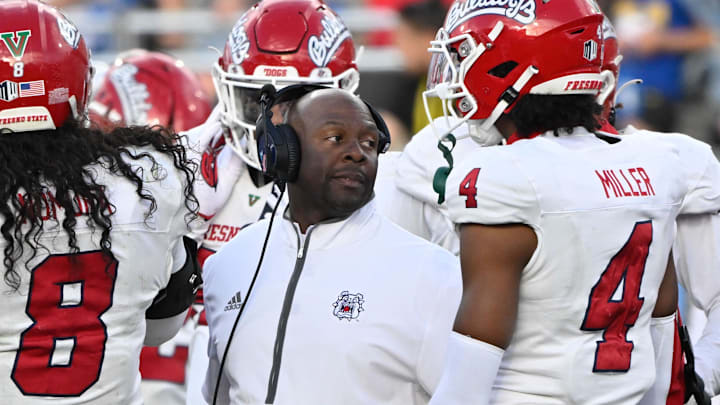 Nov 30, 2024; Pasadena, California, USA;  Fresno State Bulldogs head coach Tim Skipper during the fourth quarter against the UCLA Bruins at Rose Bowl. Mandatory Credit: Robert Hanashiro-Imagn Images
