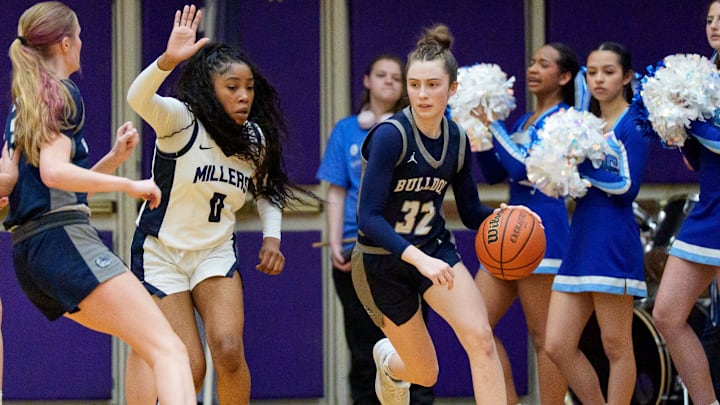 West Albany guard Payton Starwalt moves the ball as Springfield faces West Albany in the OSAA 5A girls basketball state title game on March 14, 2026, at Linfield University in McMinnville, Oregon.