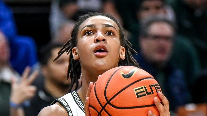 Michigan State's Jordan Scott makes a 3-pointer against UCLA during the first half on Tuesday, Feb. 17, 2026, at the Breslin Center in East Lansing.
