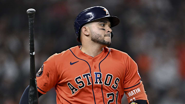 Apr 24, 2026; Houston, Texas, USA; Houston Astros catcher Yainer Diaz (21) reacts after flying out in the fourth inning against the New York Yankees at Daikin Park. Mandatory Credit: Maria Lysaker-Imagn Images