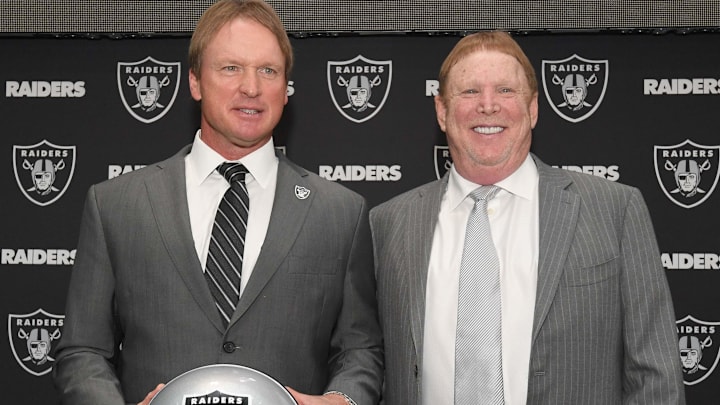 on Gruden (left) poses with Oakland Raiders owner Mark Davis on Gruden (left) poses with Oakland Raiders owner Mark Davis