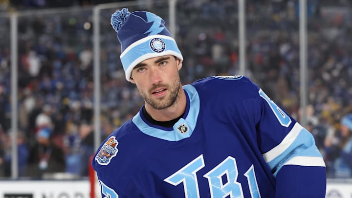 Feb 1, 2026; Tampa Bay, Florida, USA; Tampa Bay Lightning center Jack Finley (62) skates on the ice prior to the 2026 Stadium Series ice hockey game against the Boston Bruins at Raymond James Stadium. Mandatory Credit: Kim Klement Neitzel-Imagn Images
