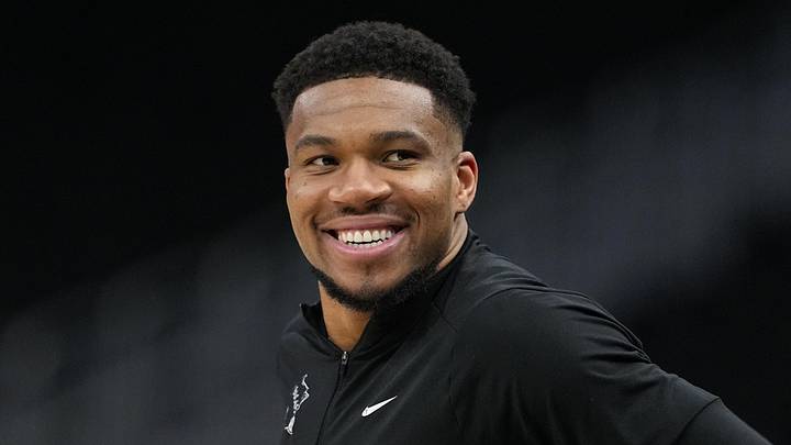 Apr 10, 2026; Milwaukee, Wisconsin, USA;  Milwaukee Bucks forward Giannis Antetokounmpo looks on during warmups prior to the game against the Brooklyn Nets at Fiserv Forum. Mandatory Credit: Jeff Hanisch-Imagn Images