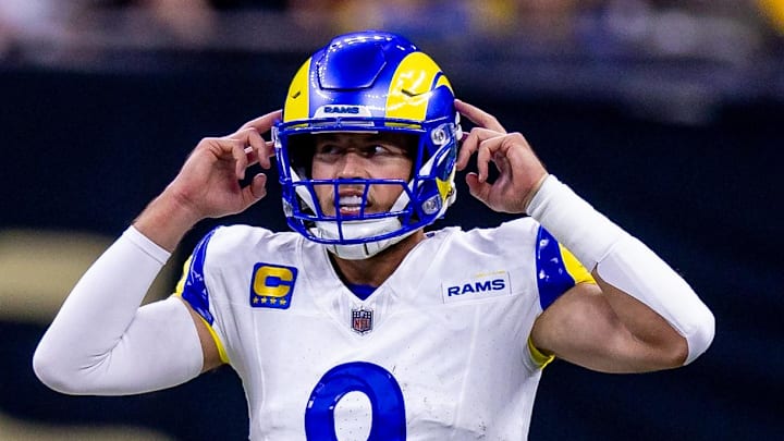 Dec 1, 2024; New Orleans, Louisiana, USA; Los Angeles Rams quarterback Matthew Stafford (9) changes the play at the line against the New Orleans Saints during the first half at Caesars Superdome. Mandatory Credit: Stephen Lew-Imagn Images Dec 1, 2024; New Orleans, Louisiana, USA; Los Angeles Rams quarterback Matthew Stafford (9) changes the play at the line against the New Orleans Saints during the first half at Caesars Superdome. Mandatory Credit: Stephen Lew-Imagn Images