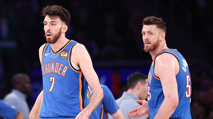 Mar 4, 2026; New York, New York, USA; Oklahoma City Thunder center Chet Holmgren (7) and center Isaiah Hartenstein (55) react after a basket during the first half against the New York Knicks at Madison Square Garden. Mandatory Credit: Vincent Carchietta-Imagn Images
