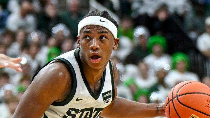 Michigan State’s Jeremy Fears Jr., right, moves the ball as UConn’s Jacob Ross defends during the second half on Tuesday, Oct. 20, 2026, at the Breslin Center in East Lansing. Michigan State’s Jeremy Fears Jr., right, moves the ball as UConn’s Jacob Ross defends during the second half on Tuesday, Oct. 20, 2026, at the Breslin Center in East Lansing.
