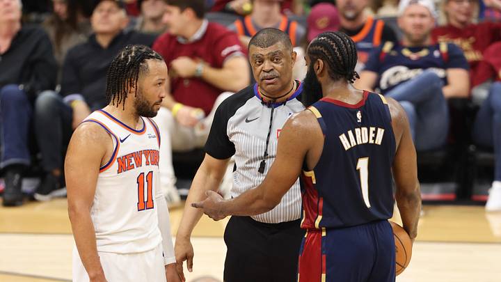 May 23, 2026; Cleveland, Ohio, USA; New York Knicks guard Jalen Brunson (11) and Cleveland Cavaliers guard James Harden (1) prepare for a jump ball in the fourth quarter during game three of the eastern conference finals for the 2026 NBA playoffs at Rocket Arena. Mandatory Credit: Scott Galvin-Imagn Images May 23, 2026; Cleveland, Ohio, USA; New York Knicks guard Jalen Brunson (11) and Cleveland Cavaliers guard James Harden (1) prepare for a jump ball in the fourth quarter during game three of the eastern conference finals for the 2026 NBA playoffs at Rocket Arena. Mandatory Credit: Scott Galvin-Imagn Images