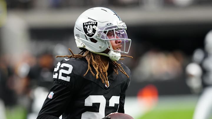 Dec 28, 2025; Paradise, Nevada, USA; Las Vegas Raiders cornerback Eric Stokes (22) warms up before the game against the New York Giants at Allegiant Stadium. Mandatory Credit: Stephen R. Sylvanie-Imagn Images