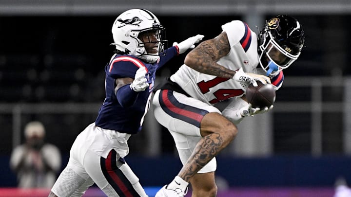 Jan 30, 2025; Arlington, TX, USA; West wide receiver Will Sheppard of Colorado (14) catches a pass in front of East defensive back Zah Frazier of UTSA (0) during the first half at AT&T Stadium. Jan 30, 2025; Arlington, TX, USA; West wide receiver Will Sheppard of Colorado (14) catches a pass in front of East defensive back Zah Frazier of UTSA (0) during the first half at AT&T Stadium.
