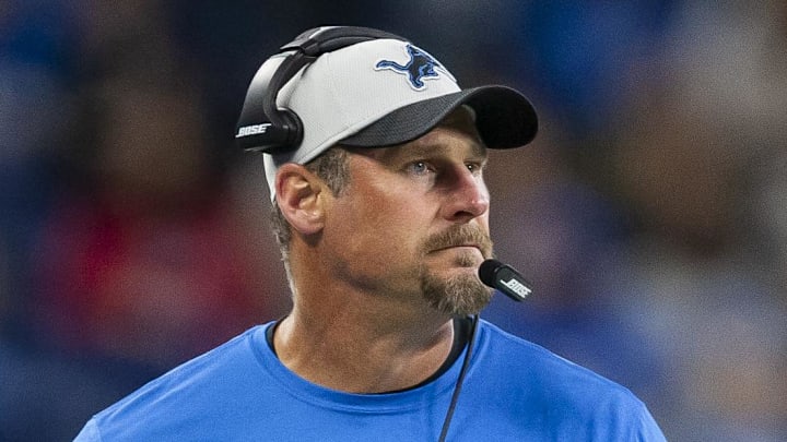 Oct 17, 2021; Detroit, Michigan, USA; Detroit Lions head coach Dan Campbell looks on during the fourth quarter against the Cincinnati Bengals at Ford Field. Mandatory Credit: Raj Mehta-Imagn Images Oct 17, 2021; Detroit, Michigan, USA; Detroit Lions head coach Dan Campbell looks on during the fourth quarter against the Cincinnati Bengals at Ford Field. Mandatory Credit: Raj Mehta-Imagn Images